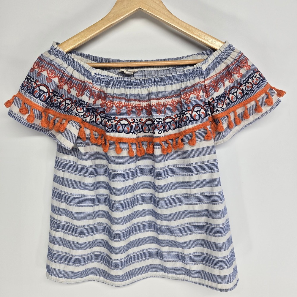 THML Blouse Small Blue White Striped Orange Embroidered Tassel Off Shoulder Boho